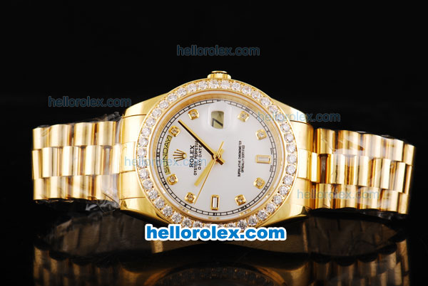 Rolex Day Date II Automatic Movement Full Gold with Diamond Bezel-White Dial and Diamond Markers - Click Image to Close